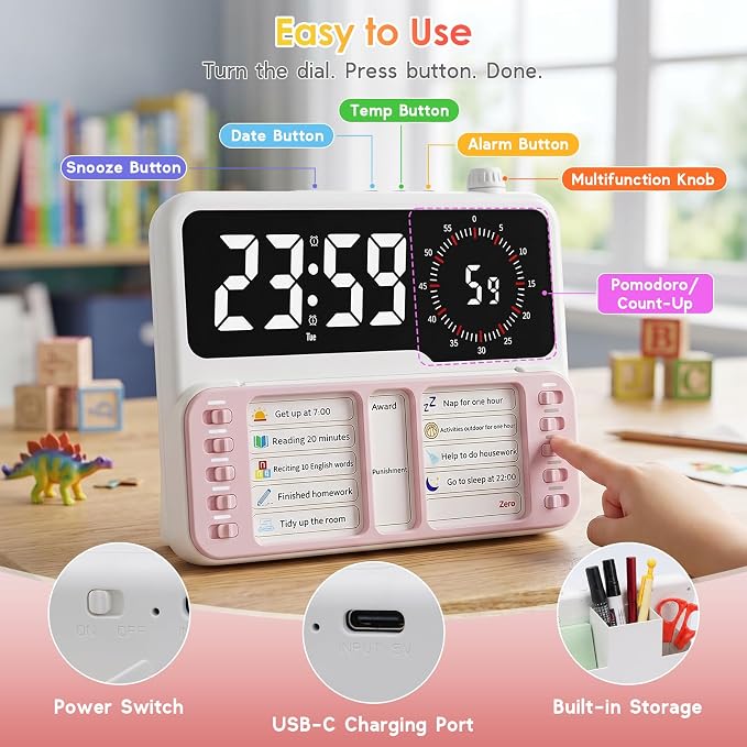 7-in-1 Visual ADHD Timer for Kids with Chore Chart Board, ADHD Tools Schedule for Kids with Autism, Alarm, Countdown, Date, Temperature, Storage, Daily Checklist for Home/School/Classroom/Desk(Pink) - Image 6