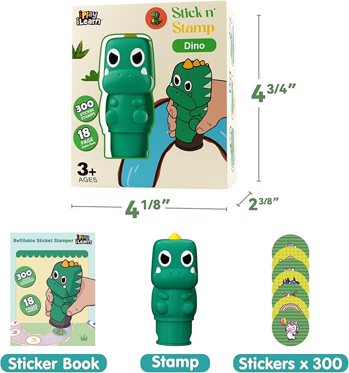 iPlay, iLearn Kid Dinosaur Sticker Stamp Activity Set - 400+ Stickers 18-Page Activity Book, Toddler Creative Mess-Free Art Craft Educational Travel Toy Birthday Stocking Gift 3 4 5 6 Yr Old Girl Boy