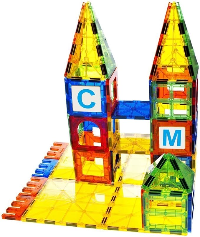 Magnet Tiles - Clear Magnetic 3D Building Blocks - Educational Toys, Games, Activities, Puzzles - Creativity, Motor Skills, Learning Shapes - Storage Bin, 2 Car Base, 120pcs, 13 Click-Ins