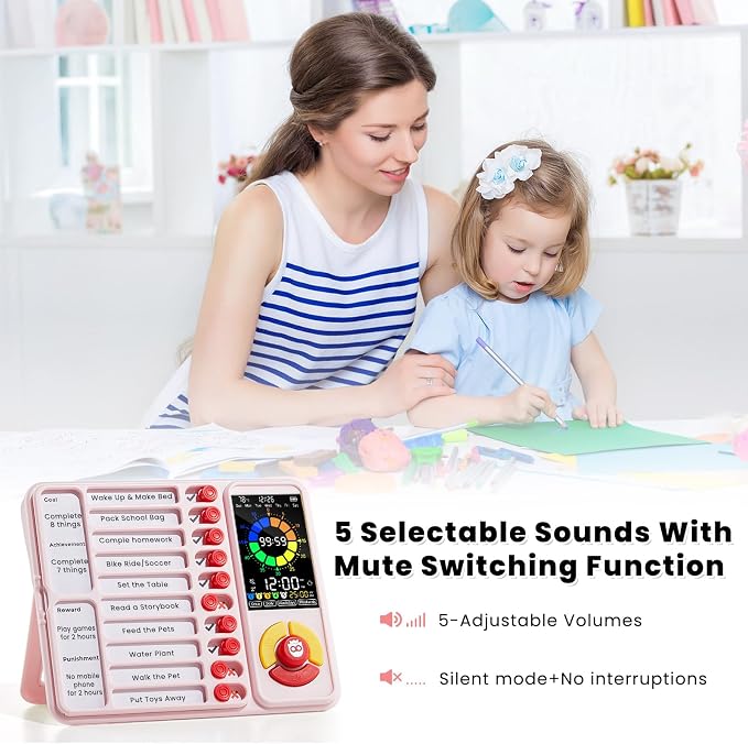 ADHD Tool for Kids, 5-in-1 Visual Timer with Chore Chart Board, Visual Schedule for Kids, 12/24 Task Timer with 99'59'' Countdown/Countup, 5 Alarms, Silent Operation Visual Schedule for Autism - Pink - Image 7
