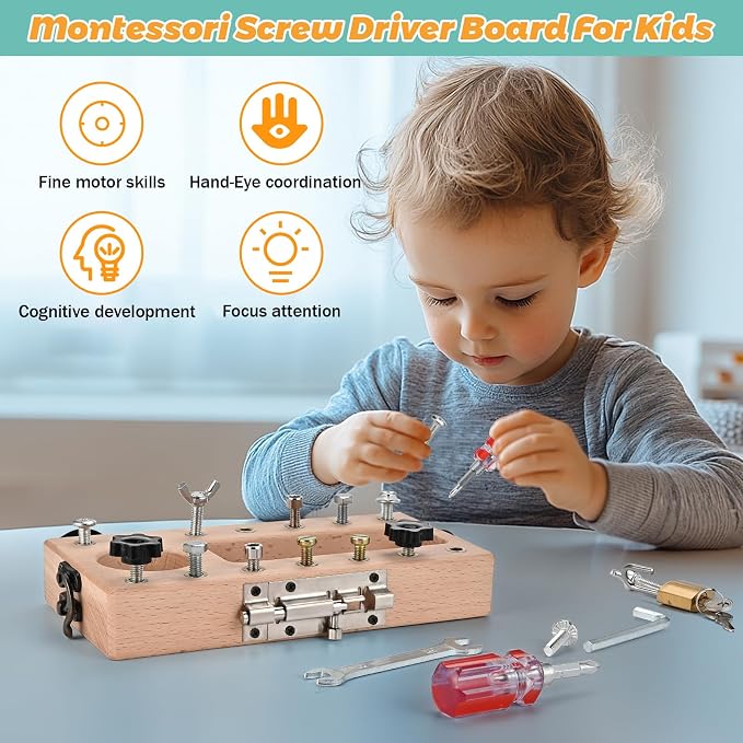 Montessori Screwdriver Board Set with Lock and Key, Montessori Toys for 3 4 5 Year Old, Wooden Screw Driver Activities Tools, Fine Motor Skills Preschool Learning Sensory Toy - Image 5