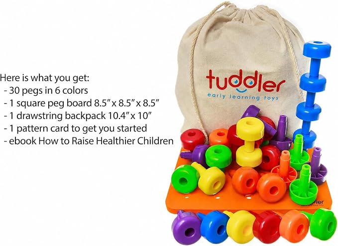 Toddler Peg Board Sensory Montessori Fine Motor Skills Educational Toys - 30 Stackable Pegs + Pattern Card + Drawstring Backpack + E-Book (Orange) - Image 3