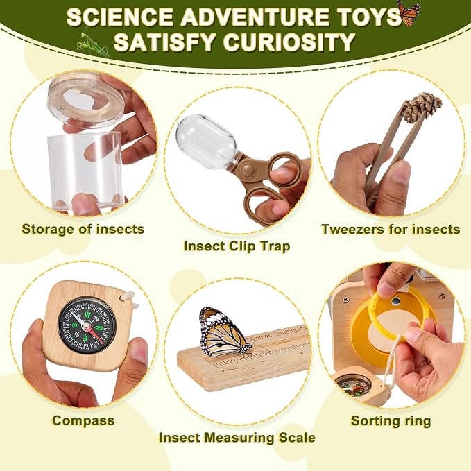 Wooden Bug Catcher Kit for Kids,10PCS Kids Bug Catching Kit with Bug Collector,Butterfly Net,Magnifying Glass,Toddler Bug Habitat Outdoor Explorer Kit Bug Collection,Nature Gift for Boys&Girls - Image 7