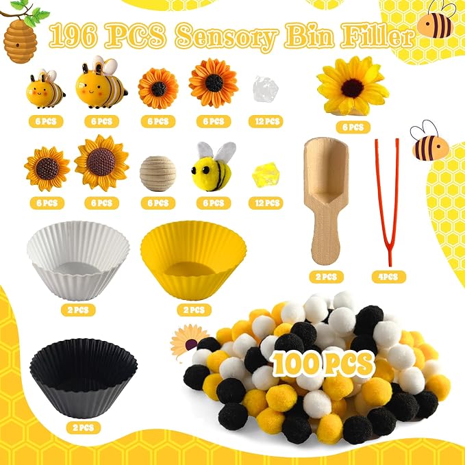 196Pcs Sensory Bin Filler, Fine Motor Toys Bee Themed Sensory Bin Items Counting Sorting Toy Colorful Pom Poms Cup Bee Honeycomb Wooden Scoop for Preschool Education Activities - Image 2