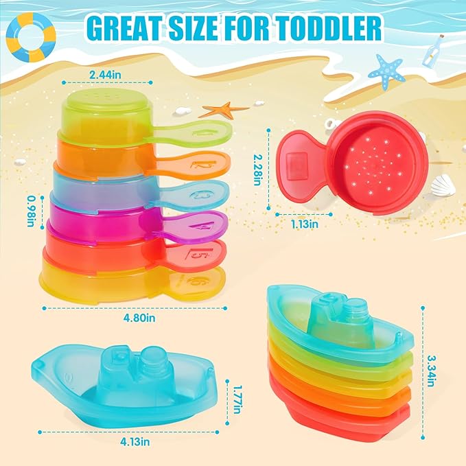 Baby Bath Toys for Kids Ages 1-3 11PCS Mold Free Bath Toys for Toddlers 2-4 with Colorful Floating Boats and Spoons, Baby & Toddler Bathtub Sand Beach Pool Water Toys for Christmas Birthday Gifts