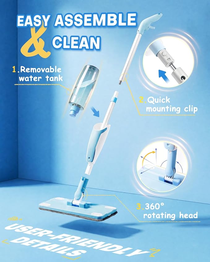 Kids Spray Mop, Blue Toddler Cleaning Set with Refillable Water Spray Tank, Lightweight Pretend Play Mop Toy for Boys Girls, Montessori Housekeeping Toy Gift - Image 6