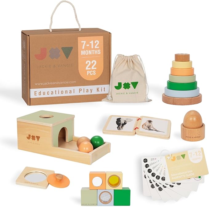 Jackie & Vancie Montessori Toys for 1 Year Old, Sensory Playkit 6 in 1 Wooden Learning Toys, Montessori Toy Gift Set, Christmas for 1 Year Old, Baby Shower or First Birthday Gift