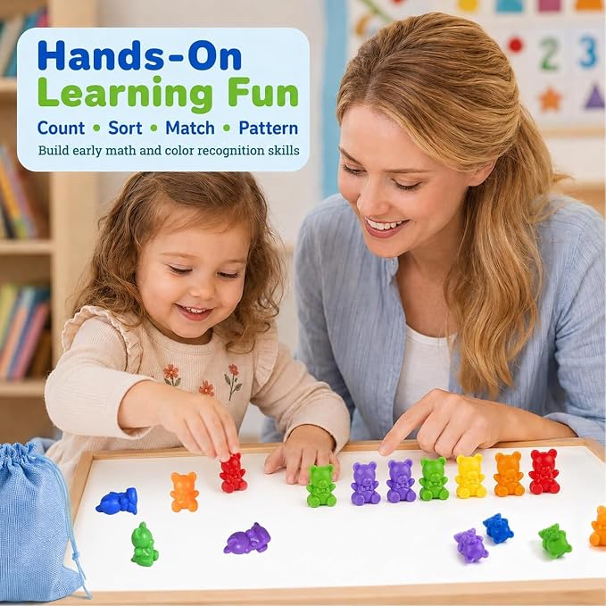 XINHUIDALSQ Rainbow Counting Bears Set of 100, 10 Colors Sorting Teddy Plastic Bears Math Manipulatives for Toddlers, 1 Inch Bear Conters Ages 3+ Kids - Image 7