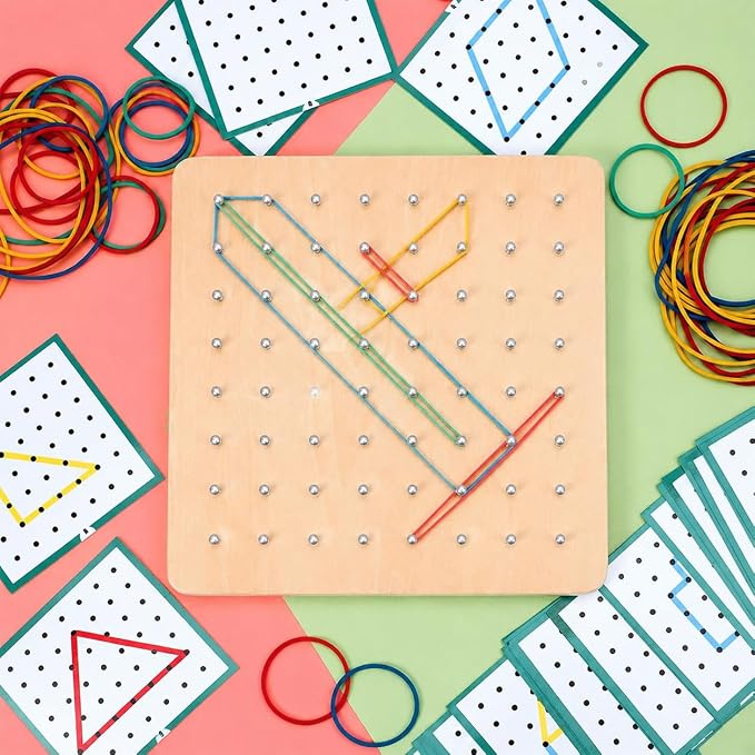 predolo 1 Piece Sensory Toys Geometric Shapes Wooden Math Development Early Learning Manipulatives Pattern Making Suitable for Preschool Classroom 18x18x3.5cm, Large Geoboard (64 pegs) - Image 5