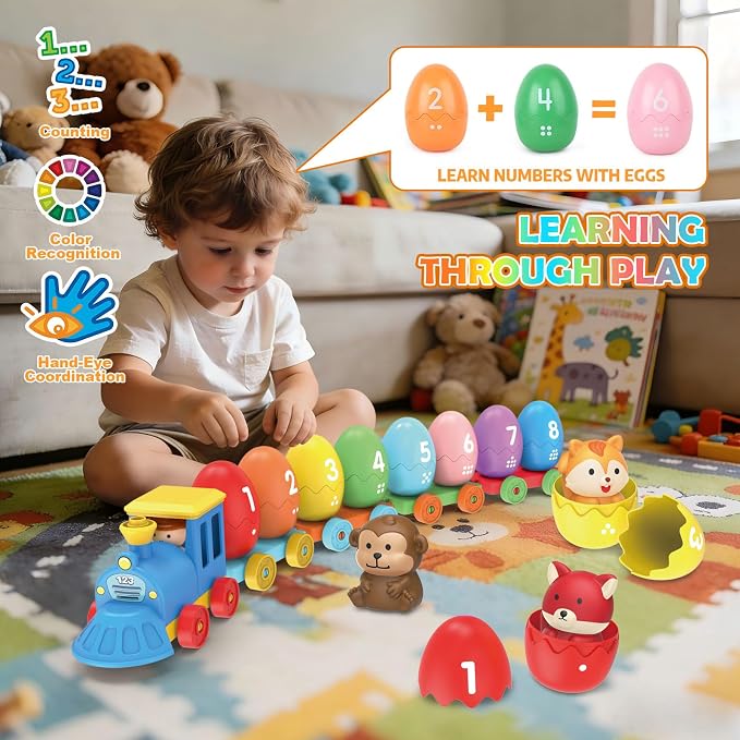 Grarain Toddler Train Toy Set with Farm Animal Finger Puppets & Eggs, Montessori Educational Color Number Sorting Matching Learning Toys for Kids Boys Girls 1-3 Year Old, Fine Motor Gifts - Image 4