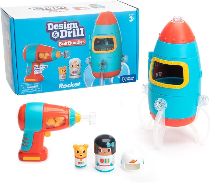 Educational Insights Design & Drill Bolt Buddies Rocket - Building Construction Toys for Toddlers 3-5, Take Apart Toy Rocket Kit, Kids Tool Set with Electric Toy Drill, Toddler STEM Toys by EducationalInsights