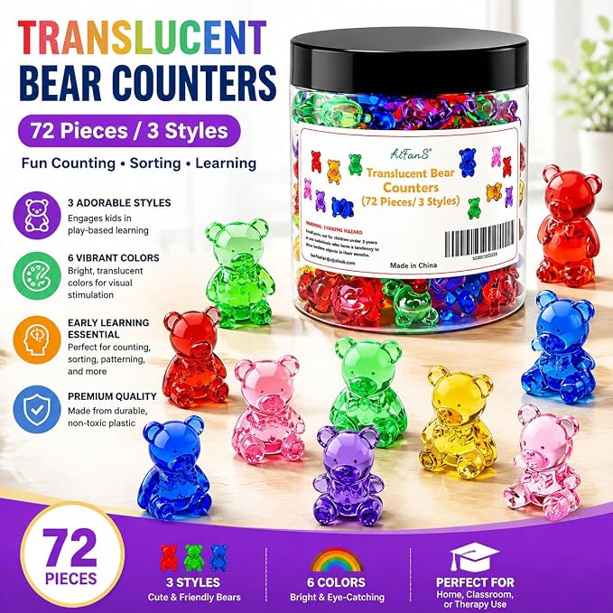 Counting Bears for Kids, 72 PCS Math Counters with Storage Box, Montessori Color Sorting & Counting Toys for Toddlers, Preschool Educational Math Manipulatives for STEM Learning (3 Styles) - Image 2
