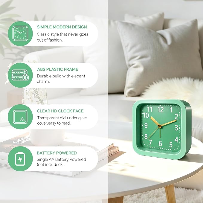 Simple Analog Loud Alarm Clock for Heavy Sleepers, 4.5" Square Plastic Silent Battery Operated Alarm Clocks with Easy Read Dial, Desk Clock for Bedroom Adults Seniors College Students, Green - Image 6