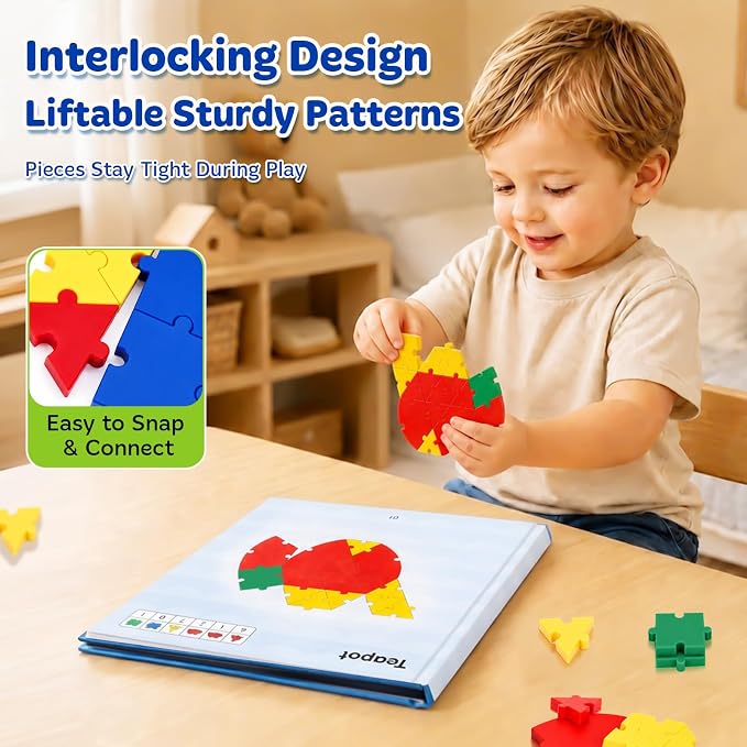 PRE-WORLD Pattern Blocks, 30 Pcs Interlocking Geometric Puzzle Kids 3+,IQ Puzzle Book, 101 Patterns, Non-Toxic Plastic, Math & Geometry Learning, Portable Storage for Home, Travel, Classroom - Image 3