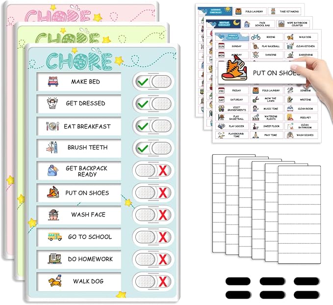 Dry Erase Kids Chore Chart for 3 Kids Pink & Blue & Green - Magnetic Routine Chart with Slider Cute Chore Stickers, Morning Bedtime Daily Routine Chart for Toddlers Visual Schedule for Kid with Autism by BOXVERIA