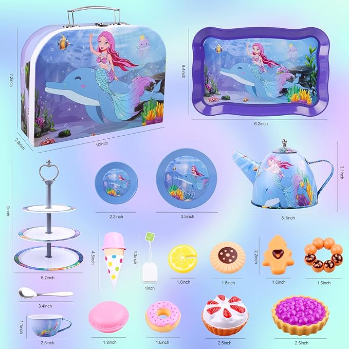 Auney Tea Set Toys for Girls 36pcs, Mermaid Pretend Play Gifts for Toddler Age 3-6, Kids Girls Toys Gifts for Party Time Including Carrying Case (Mermaid Toy)