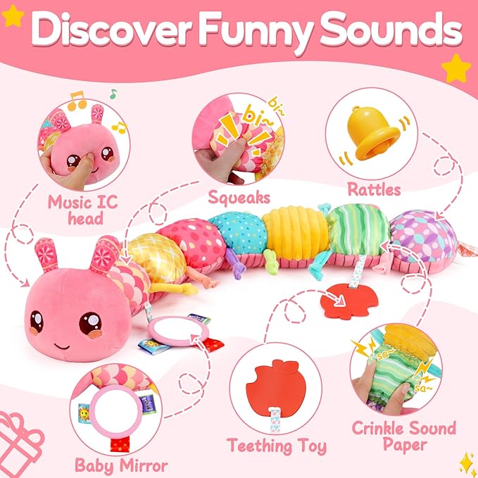 Baby Girls Toys 0-6 Month Music Animal Stuffed Caterpillar Toy for Infant 0-3 3-6 Months with Mirror Crinkle Rattle Tummy Time Sensory Toys for 3 4 5 6-12 Month Old Newborn Baby Shower Birthday Gifts