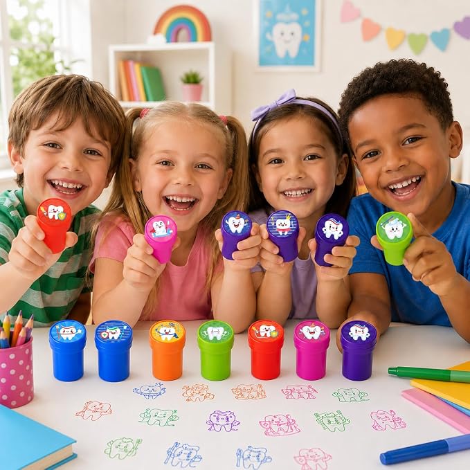 Cinrobiye 24 Pcs Teeth Stampers Party Favor Set, Cute Dental Health Stamps for Kids Birthday Party, Classroom Rewards, Educational Learning Toys, Goody Bag Fillers, Dental Care Party Supplies - Image 8