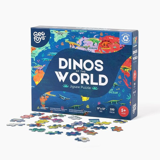 Geotoys Dinos of The World Jigsaw Puzzles for Kids - Dinosaur Jigsaw Puzzle for 5+ Year Old - 250 Piece Puzzles for Kids - Educational Dinosaur Puzzle Gifts for Dino Lovers - Made in USA