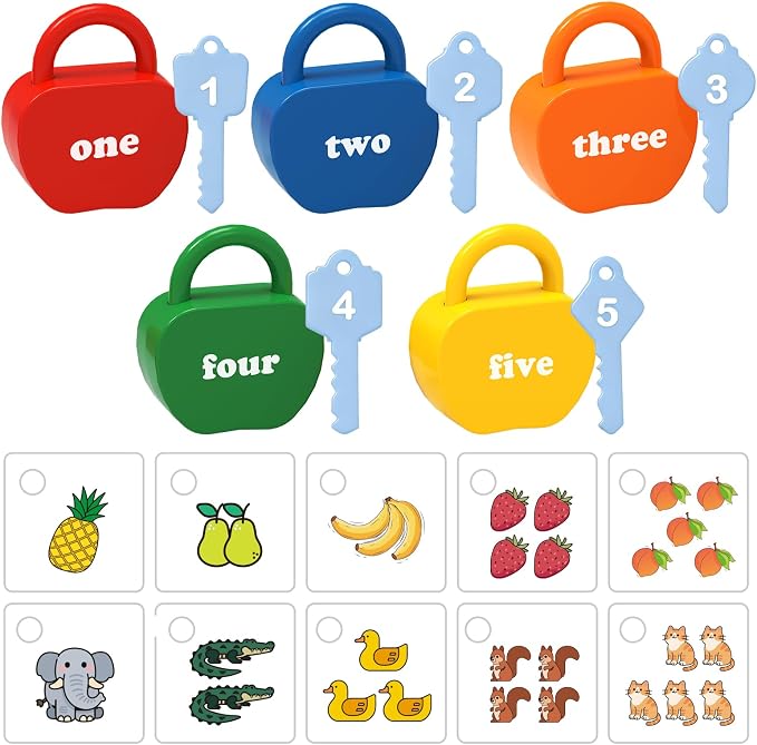 GEERAY Cause and Effect Toys for Toddlers 3 4 5, Montessori Lock & Key Set with 5 Apple-Shaped Locks, Keys & 10 Cards – Numbers Matching & Counting, Preschool Learning Games Gifts - Image 8