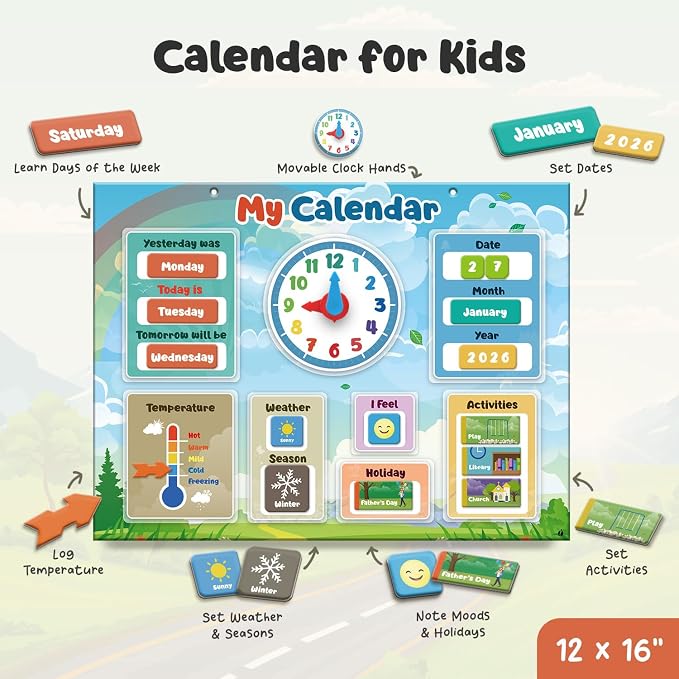 inamio Magnetic Kids Calendar for Learning - Classroom, Preschool Calendar for Kids and Toddlers - Days of the Week Chart - Today, Months and Weather - Image 2