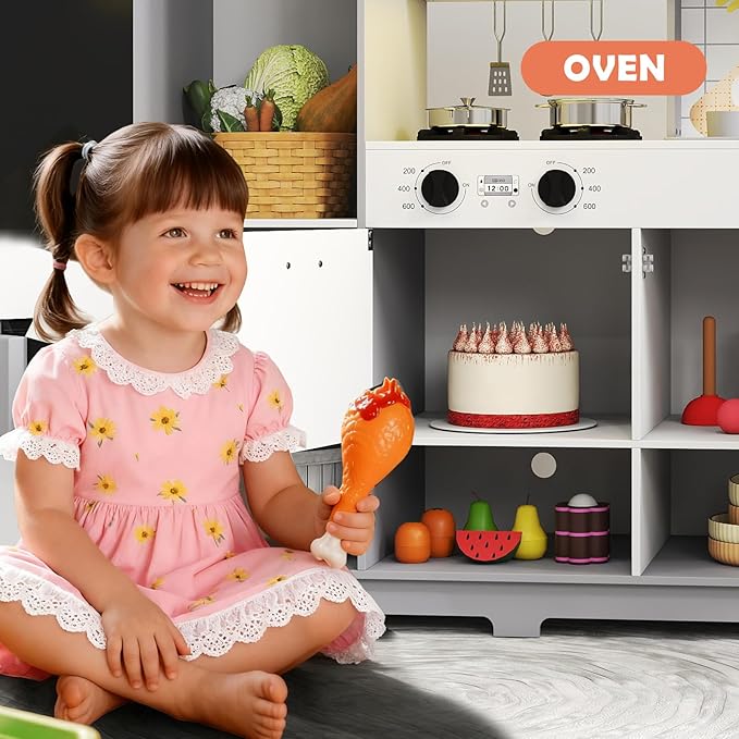 JOYDIAS Kids Play Kitchen Set, Pretend Wooden Kid Kitchen Playset Toy Kitchen w/Sound and Light, Running Water, Oven, Ice Maker, Blackboard & Recycling Bin, Toddler Kitchen for Kids Ages 3+