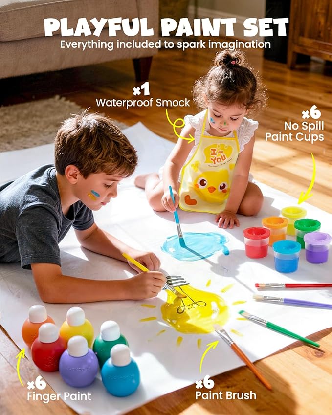 JUPITEARTH 6 Colors Washable Tempera Paint Set, 4.06oz(120ml) Non Toxic Finger Paints for Toddlers and Kids, Included Brush, Cups, Art Smock
