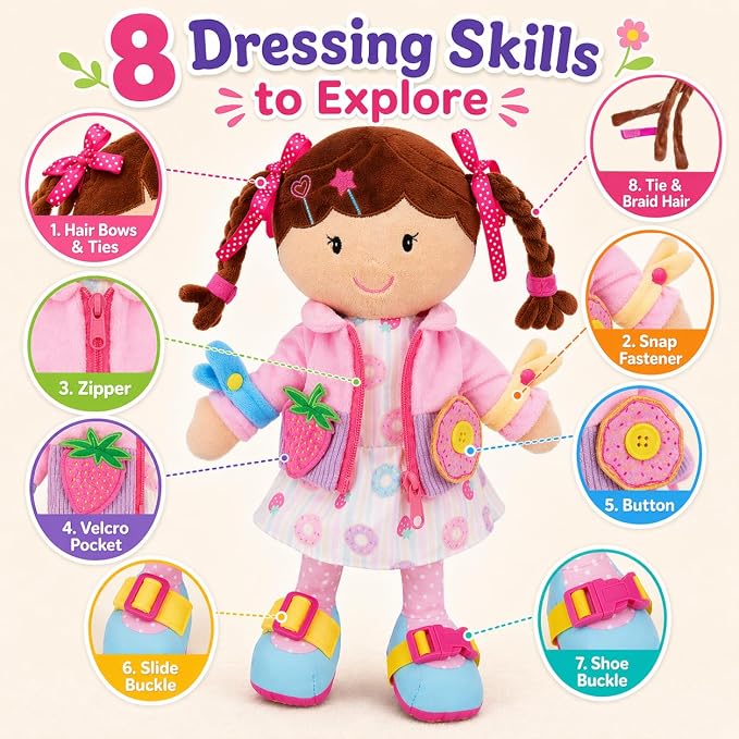 June Garden Personalized Dressy Friends Daisy – Custom Name Plush Doll for Toddlers – Montessori Learn-to-Dress Soft Toy with Buckles, Zipper & Ties – Educational Gift for Girls & Boys Age 2+ - Image 2