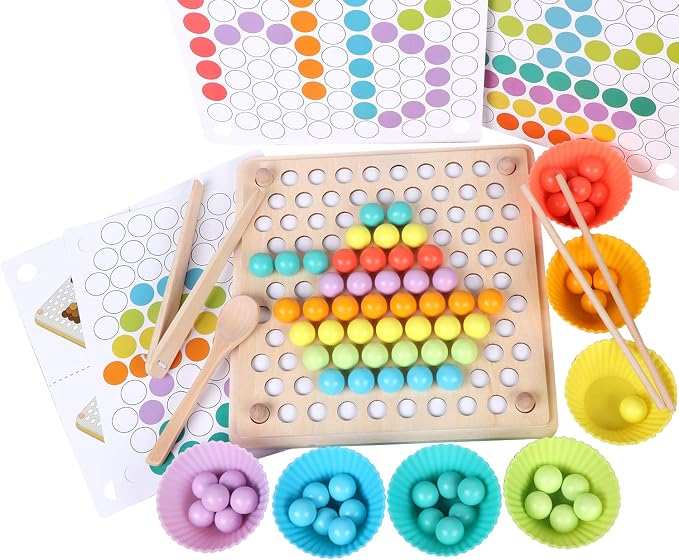 QZMTOY Wooden Peg Board Beads Game, Learning Montessori Toys,Color Sorting Stacking Matching Toys for Toddlers, Counting Toy for Kids, Educational Games for Fine Motor Math, Gift for Girls and Boys by QZMTOY