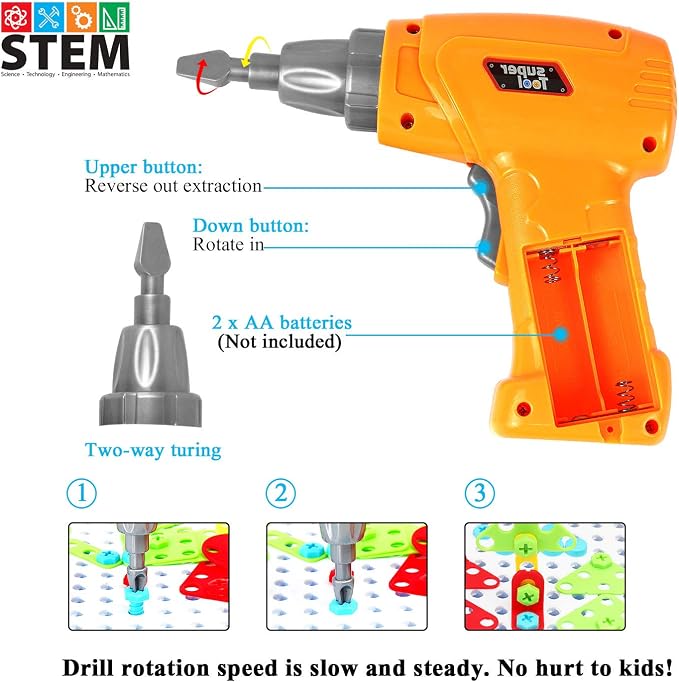 HAPTIME Design and Drill Toy,Educational Toys Building for Kids Ages 3-8,STEM Toys for 3 4 5 6 Year Old,193 Pcs Electric Drill Toy,Magic Montessori Play Toolbox for Toddler Boys Girls Preschool - Image 4
