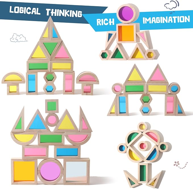 Dinhon 32-Piece Acrylic Rainbow Building Blocks Set for Kids - Colorful Stacking Blocks, Educational Toddler Puzzles, Preschool Learning Toys, Gifts for Ages 1 2 3 4 5 Boys and Girls - Image 4