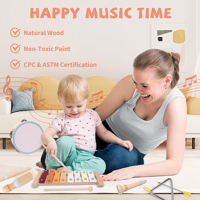 Baby Musical Instruments Set - Montessori Wooden 18 Month Old Baby Musical Toys, Toddler Percussion Instruments Xylophone Maracas Tambourine for Toddlers 1-3, Christmas stocking stuffers Gift for kids