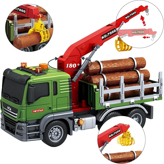 15 Inch Friction Powered Timber Truck Toy with Loading Crane, 6 Wooden Logs & Lights/Sounds - Play Vehicle Gift for Boys Girls Kids Ages 3-7