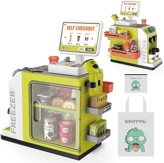 Kids Cash Register Playset - 48PCS Play Money, Calculator, Scanner,Ages 3+ by POFJOEQ