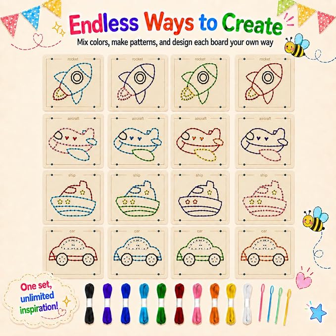 Montessori Wooden Lacing Toys for Toddlers and Kids Ages 2-4 5-7, Sewing Kit Fine Motor Skill Busy Board, Education Sensory Preschool Toy for 1 2 3 4 Year Olds, Birthday Gift for Boys and Girls - Image 3