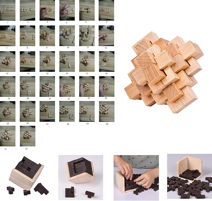 18 Pack Large Wooden Brain Teaser Puzzles Wooden Burr Puzzles Brain Teaser Puzzle with Gift Packing Box Magic Puzzle Games Toys Stocking Stuffers Party Favors for Kids and Adults (Natural Wood)