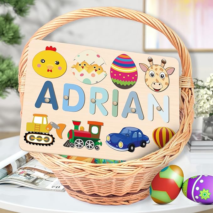 Name Puzzle for Kids Personalized, 1st Birthday Girl and Boy, Custom Baby Easter Gifts with Engraved Text on Back, Montessori Learning Toys for Boy & Girl (Blue Gradient)