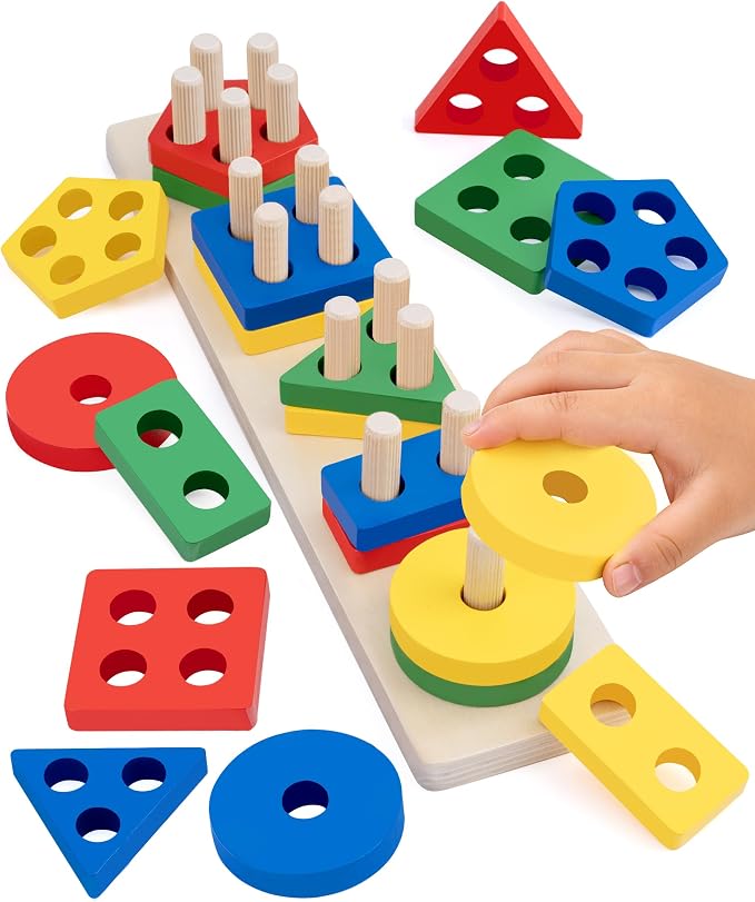Montessori Toys for 1 2 3 Year Old, Wooden Stacking & Sorting Toy with Geometric Shapes, Educational Learning Toys and Birthday Gifts for Toddlers Boys Girls 1-3 by JRUXJWI