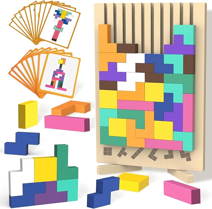 Wooden Block Puzzle Montessori Toys, Colorful Stacking Game Brain Teaser Puzzles for Toddlers and Kids with 20 Cards, Educational Wooden Toy Gifts for 3 4 5 6 7 8 Year Old Boys and Girls by iuuoi