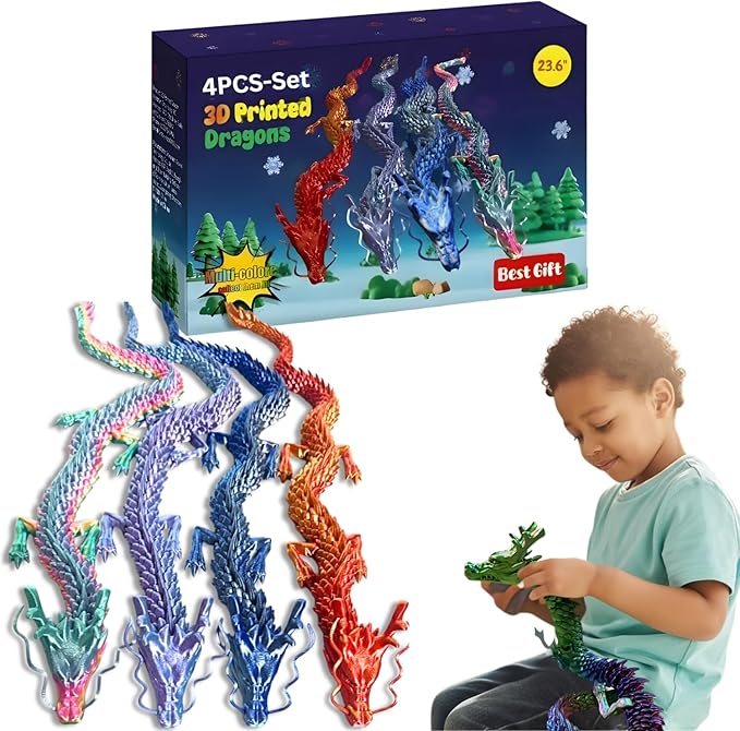 4-Pack Big 24 Inch 3D Printed Dragon Fidget Toy, Articulated Chinese Dragon Action Figure with Gift Box - Christmas Gift, Imaginative Play, Office Desk Decor & Collectible Figurine for Kids & Adults