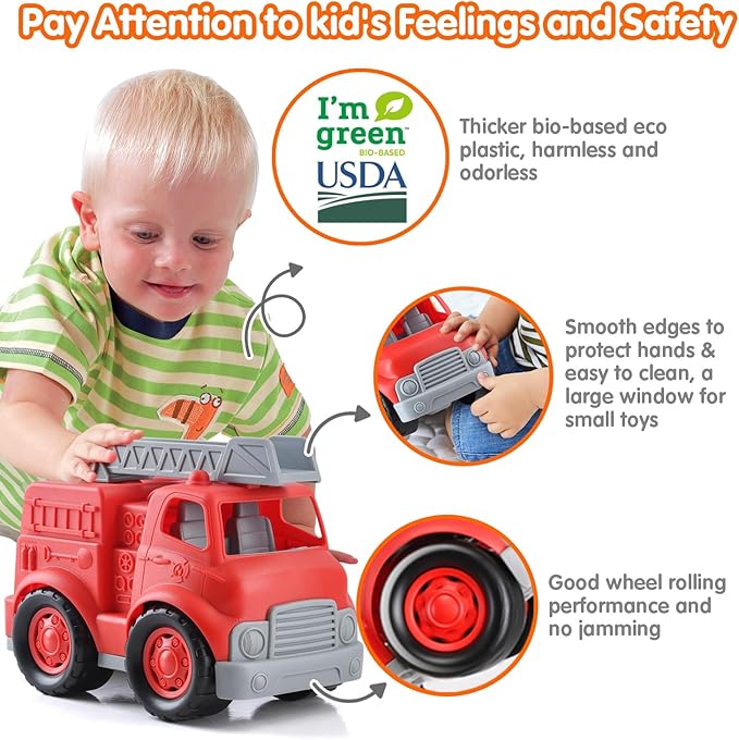 PLAY Eco-Friendly Fire Trucks, [USDA Certified] No BPA/Phthalate/PVC, Recycled Bioplastic Ladder Fire Engine Toy Gift for Boy Girl, Car Toys Vehicle Gift for Kids