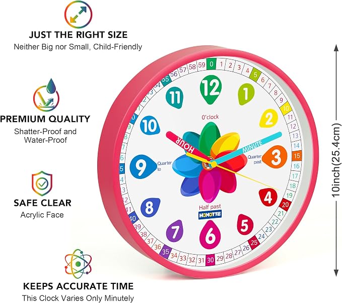 Homotte Learning Clock for Kids | Silent Telling Time Educational Clock - Image 2