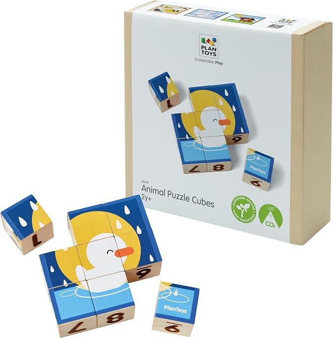 PlanToys® Animal Puzzle Cubes Wooden Picture Block for Kids Ages 3+ Toy by PlanToys