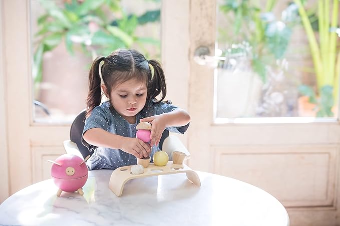 PlanToys® Wooden Ice Cream Playset for Kids | Includes Stand, Scoops & Cones | Pretend Dessert Play Food for Toddlers | Eco-Friendly Role Play Set for Imaginative & Fine Motor Skills Development