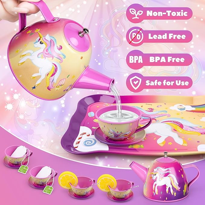 Auney Tea Party Set Toys for Girls, Tin Unicorn Tea Set Pretend Play Girls Toys Gifts for Age 3-6, Kids Toys Gifts for Toddlers Including Carrying Case (New Unicorn)