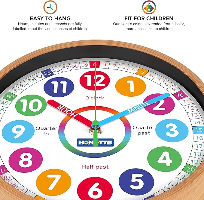 Homotte 10 Inch Kids Wall Clock, Multi-Colored Learning Clock for Kids - Image 4