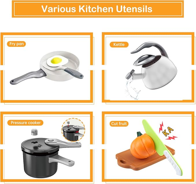 100Pcs Kitchen Playset, Kids Pretend Cooking Play Pots, Pans, Utensils, Cookware, Toy Food Fruits Veggies, with 2 Large Apple - Shaped Storage, Toddler Cooking Learning Gift (White) - Image 4