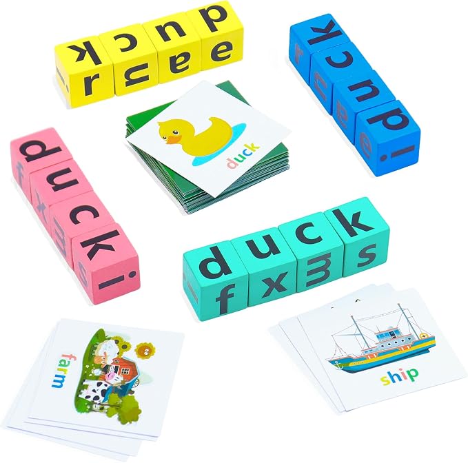 Spelling Games for Kids Ages 3-8, Learn to Read Phonics & Word Building Game with 40 Flash Cards, 16 Wooden Letter Blocks for Screen-Free Family Fun & Preschool Classroom Learning by Humerry