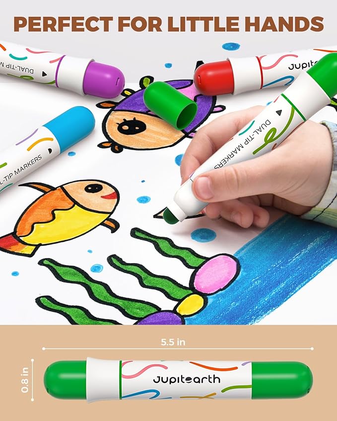 JUPITEARTH Washable Dual Tip Markers for Kids, Broad & Round Tip, Easy-Grip Design for Little Hands, 24 Vibrant Colors Toddler Markers with Portable Case, Preschool Art Supplies for Kids Toddlers