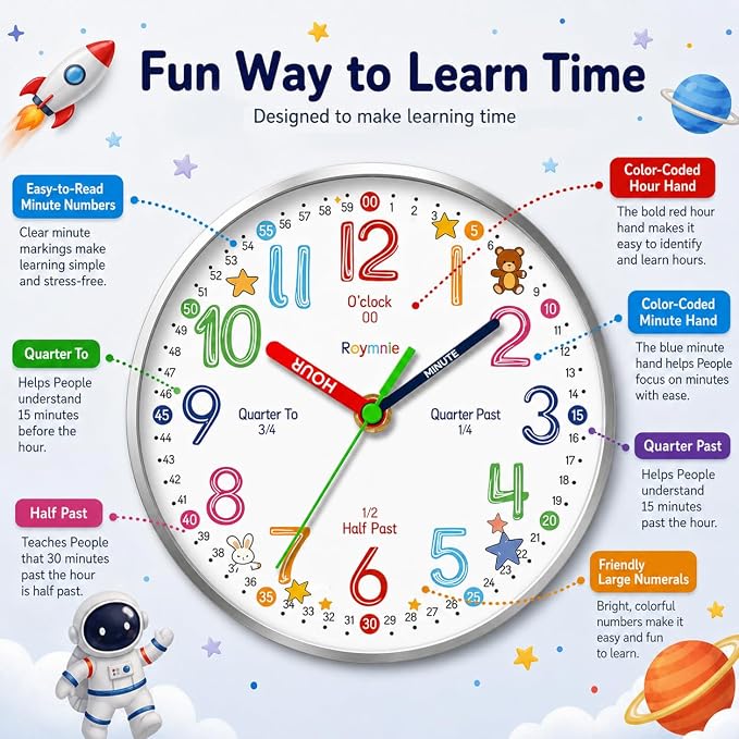 Roymnie Wall Clock Learning Non-Ticking Battery Operated Silent Colorful - Image 4